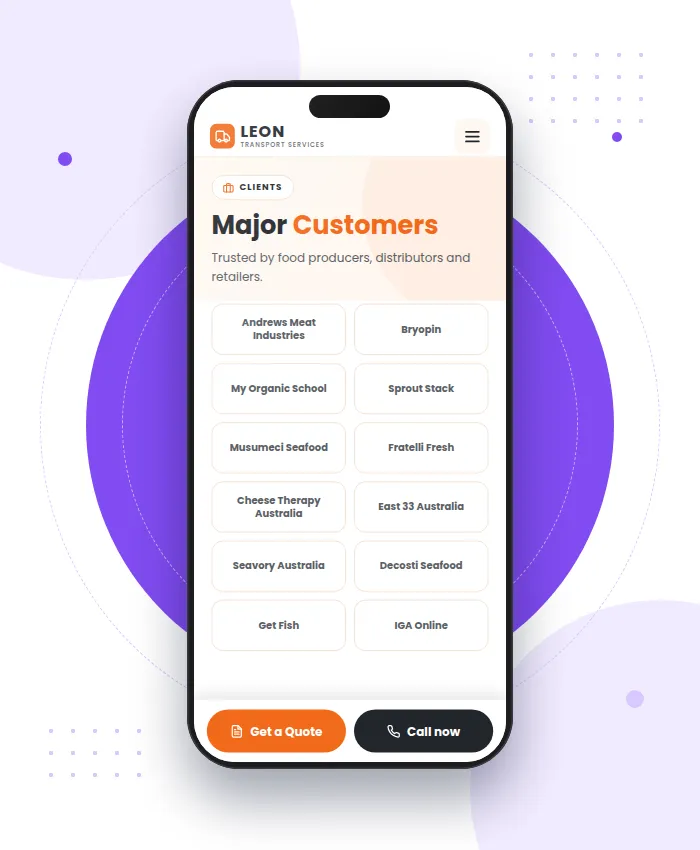 Leon Transport Services: sección Clientes en versión móvil