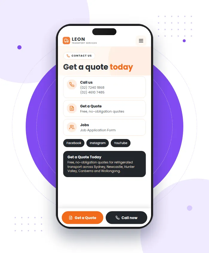 Leon Transport Services: sección Contacto en versión móvil