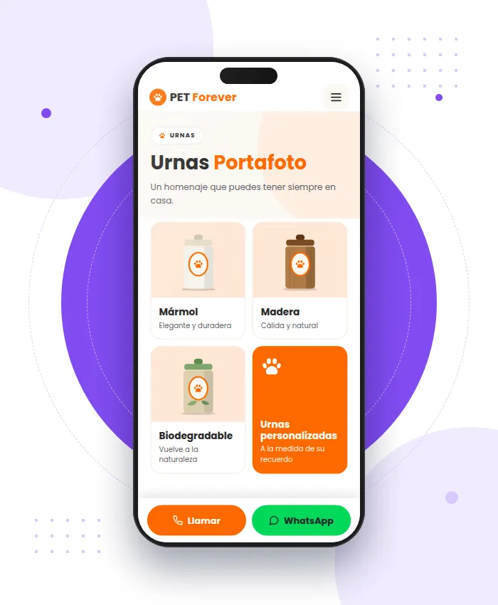 PetForever: sección Urnas en versión móvil